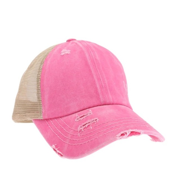 C.C. Distressed Trucker Hat Pink Beige - Picture 1 of 9